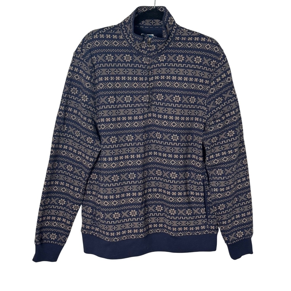 J. Crew Mens Brushed Fleece Half Zip Sweatshirt L Navy Tan Print Pullover AU003
